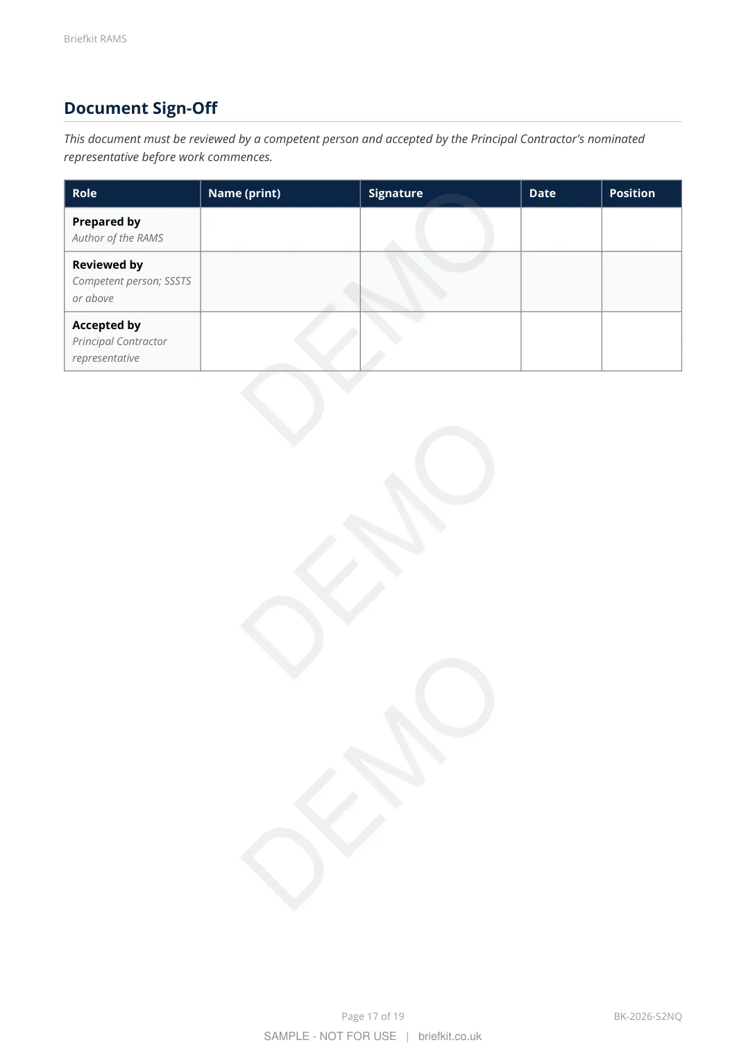 Sample RAMS page 17 of 19 (watermarked DEMO)