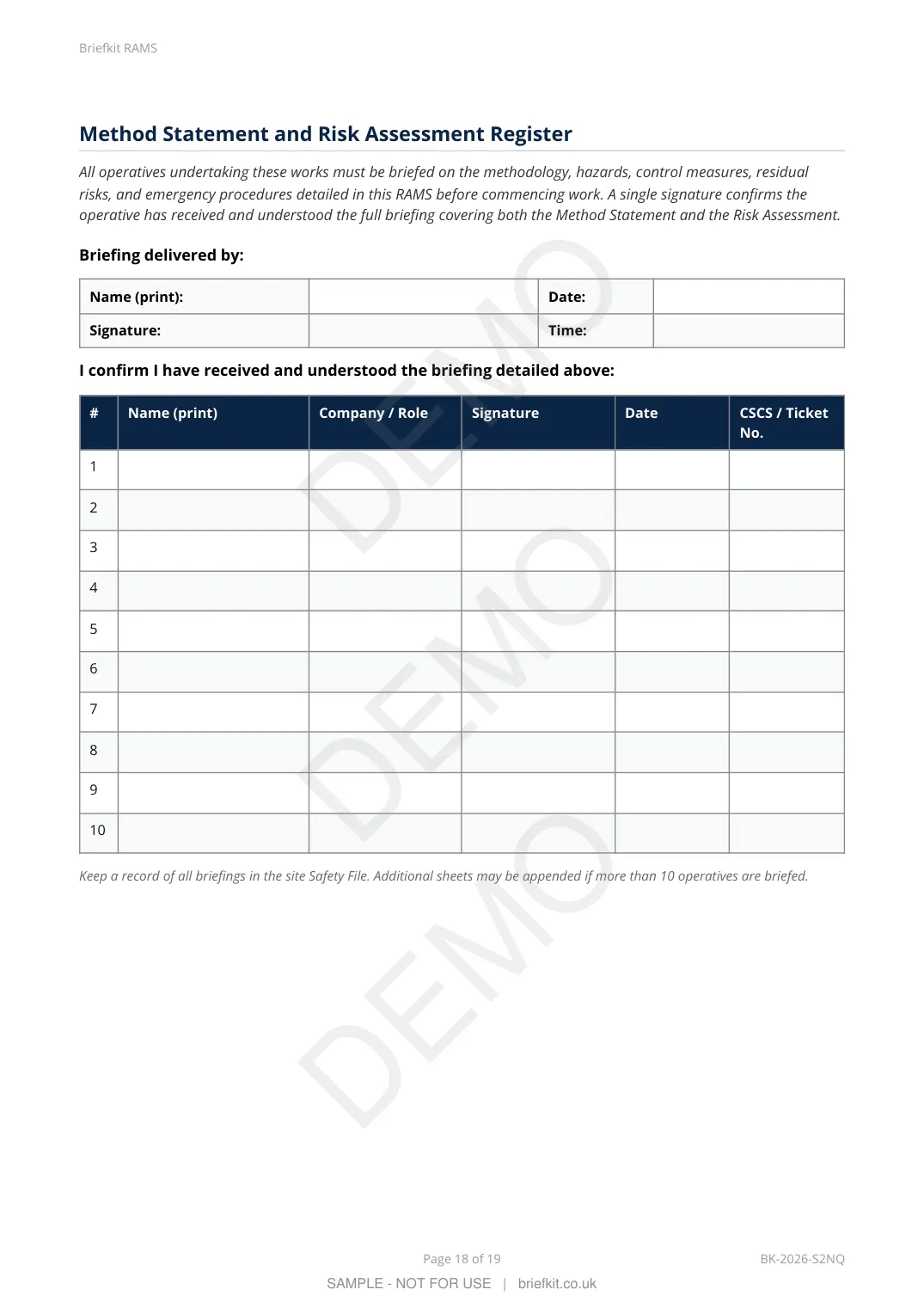 Sample RAMS page 18 of 19 (watermarked DEMO)